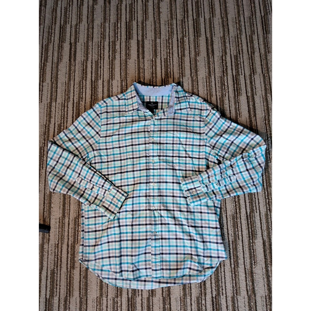 American Eagle Mens Large Classic Fit Plaid Button Down Shirt Teal Blue White